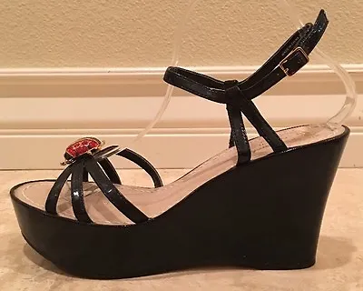 MISS TRISH OF CAPRI Black Patent Crystal Lady Bug Platform Wedge Sandals 9M NEW! • $49.99