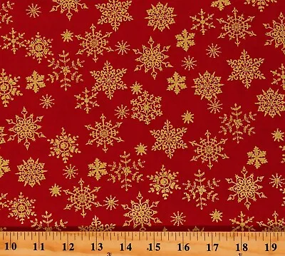 Cotton Metallic Gold Snowflakes On Red Fabric Print By The Yard D402.60 • $11.95