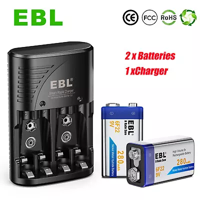 2x EBL 280mAh 9 Volt Rechargeable 6F22 Batteries 9V Ni-MH + Wall Battery Charger • $14.99