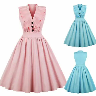 Womens Button Vintage 50s 60s Style Rockabilly Evening Prom Dress Plus Size • $61.89