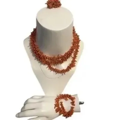 Vintage Tripple Strand Natural Long Salmon Branch Coral Necklace Earrings Set • $190