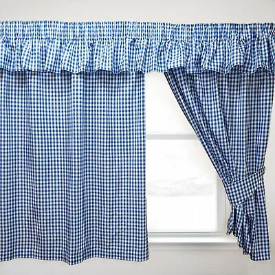 £17.99 • Buy Gingham Check Bluebell Curtain Kitchen Pencil Pleat Picnic Decor Navy Blue White