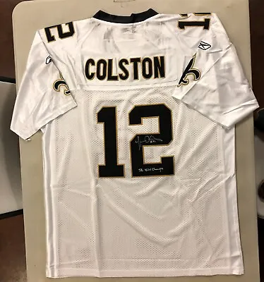 Marques Colston Autographed White Authentic Jersey  Sb Xliv Champs  Inscription  • $175