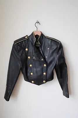 VINTAGE 90s Michael Hoban Leather Military Inspired Jacket Coat Black Gold Crop • $269.99