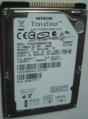 HTS548080M9AT00 Hitachi 80GB IDE 2.5  9.5MM Hard Drive Tested Good USA Seller • $14.95