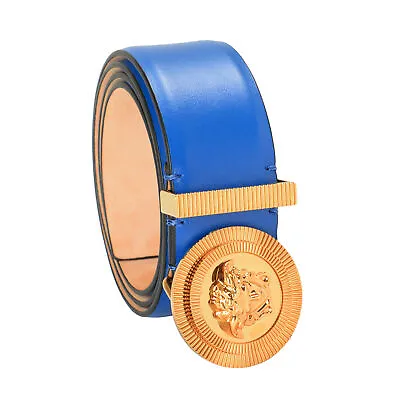 Versace Blue 100% Leather Metal Medusa Head Logo Decorated Belt US 32 IT 80 • $299.99