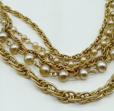 Vintage 5 Strand Choker 15” Necklace Signed Faux Pearls Crystals  • $22.01