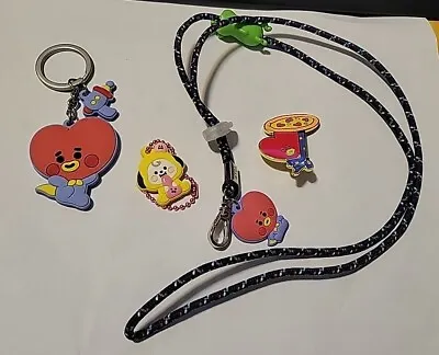 Lot 4 BTS Bt21 Official Line Baby Tata Silicone Keyring Metal Pin & Mascot Strap • $16.95