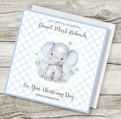 Cute Elephant Personalised Handmade Christening Card Son Godson Grandson • £4.25