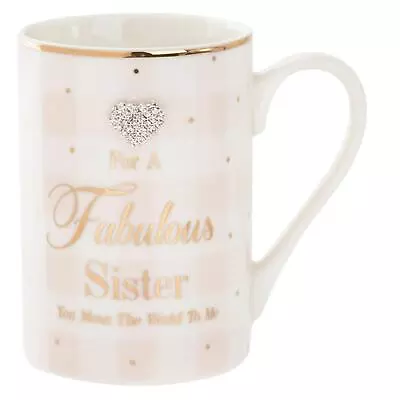 Mad Dots Gift Boxed Checked Mug Cup With Wording And Diamante Heart - Sister • $16.44