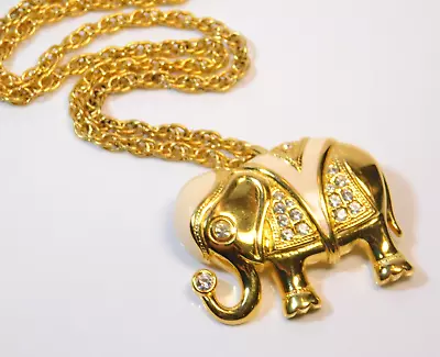 Vintage KJL For Avon Cream Enamel Rhinestone Elephant Brooch & Pendant Necklace • $9.97