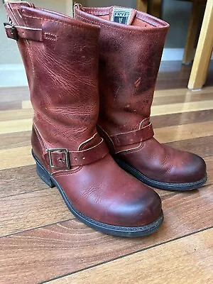 Vintage Frye USA Moto Biker Engineer RED Leather BUCKLE Boots Ladies Size 8 • $89
