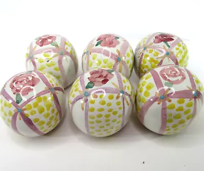 MACKENZIE CHILDS Pottery KNOBS Cottage Rose Pink Ribbon Yellow Dot SET Of 6 • $140