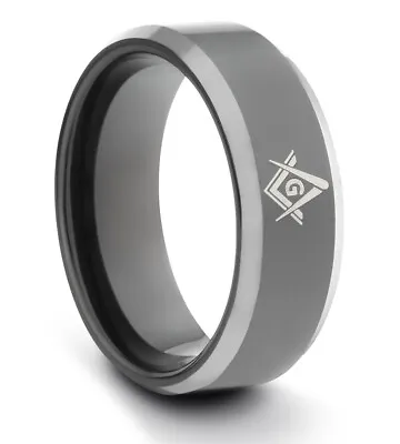 TungstenMasters 8MM Tungsten Mens Black Masonic Free Mason Wedding Band Ring • $39.95