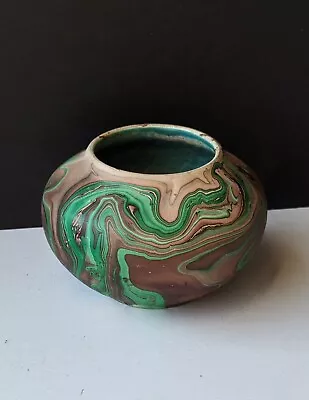 Vintage NEMADJI Inspired Pottery Native Art Marbled Swirl GREEN Brown 5 ½  VASE • $10