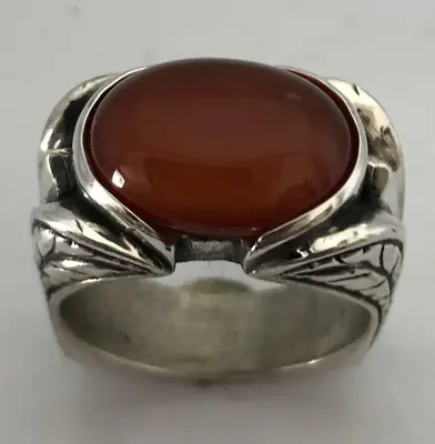 Mjg Sterling Silver 16 X 12mm Carnelian Cab. Ring.antique Engraved. Sz 9 1/2 • $88