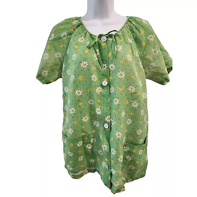 Kari Of Kalifornia Vintage 50s 60s Green Blouse Smock Shirt White Daisies • $29.96