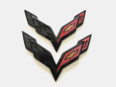 For 2014-2019 Corvette C7 Gloss Black Front & Rear Set Cross Flags Emblem • $28.35