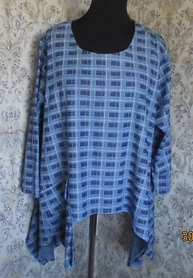 Loose Fitting Freesize Pull On Checked Top LA BASS Shades Of Denim Blue Up To 28 • $18.64