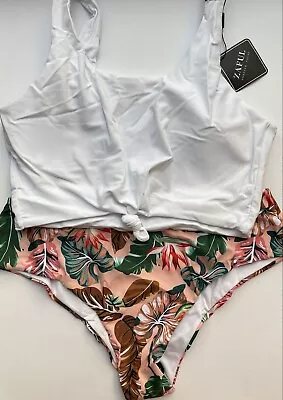 Zaful White Top & Peach Floral Leaf Print Bottoms Swimwear Bikini Set BNWT - 14 • £13.50