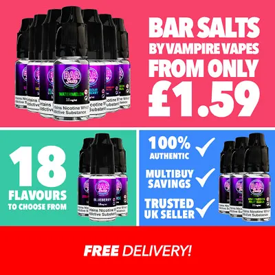 Bar Salts By Vampire Vape | 10ml Nic Salt E Liquid | 10mg/20mg | 18 Flavours • £3.99