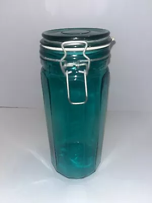 Emerald Green Glass Jar Airtight Wire Closure Rubber Gasket Paneled 9 3/4” Tall • $25