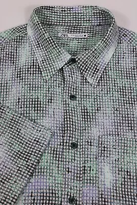 Zara Mens Button Up Shirt XL Green Check Textured Short Sleeve Spread Collar • $19.54