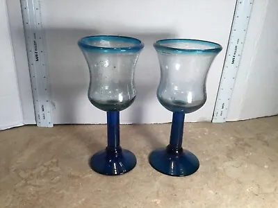 2 Mexican Handblown Clear Glass With Aqua Blue Rim And Stem Wine Glass Goblet • $19.99