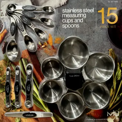 MIU STAINLESS STEEL MAGNETIC MEASURING CUPS AND SPOONS BRAND NEW 15 Piece Set • $30