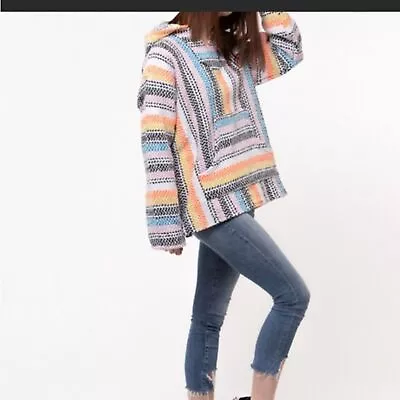 Earth Ragz Retro Mexican Poncho Oversized Hooded Sweatshirt Baja Pullover Small • $34