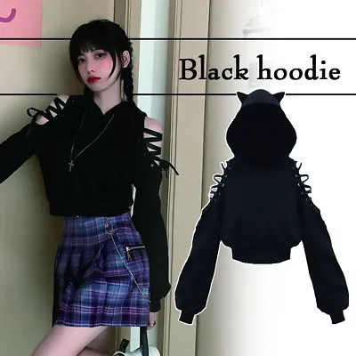 Women Kawaii Gothic Punk Cat Hoodie Sweatshirt Harajuku Casual Lace Up Black NEW • £19.50