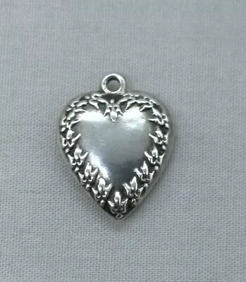 Vintage Sterling Silver Puffy Heart Charm Fleur De Lis Repousse Border • $19.95