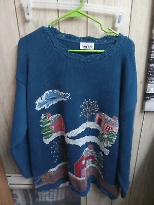Vintage Keren Women's Knit Country Scene House& Barn Christmas Sweater 2xl  80s • $16