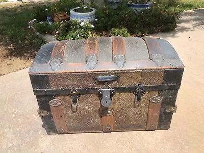 Antique Victorian Dome Top Chest Steamer Trunk Embossed Metal Oak W/ Tray • $750