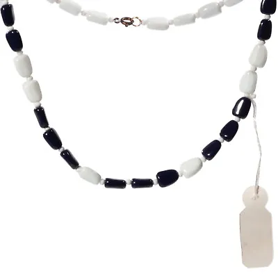 Vintage Necklace Czech Dark Blue White Shield White Seed Glass Beads 16  • $18