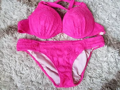 Victoria Secret Fushia PINK Neon Bikini Lace Knit Small Bottoms / 34C Padded Top • $28.99