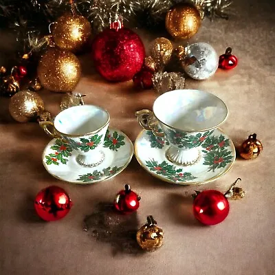1950s Japan UCAGCO Footed Tea Cups & Saucers December Holly Iridescent Pearl • $32.34