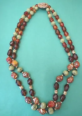 Vintage AMBER & Green Colored Acrylic Beaded Necklace In Gold Tone  • $6.99
