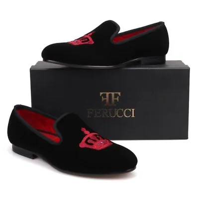 Handmade FERUCCI Men Black Velvet Slippers Loafers With Red Crown LIMITED • $112.49