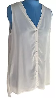 EILEEN FISHER Sz L Habotai Silk Sleeveless Tunic V Neck Mandarin Collar Top • $34