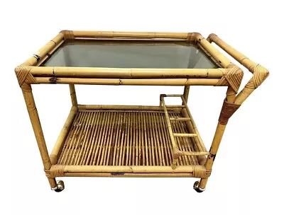 Iconic Bamboo Mid Century Two Tiered Rolling Bar Tea Cart Barcart • $708.75