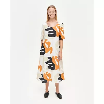 Marimekko Gunhild Sabloni Maxi Dress 44 Women White Brown Linen Blend A-Line • $125