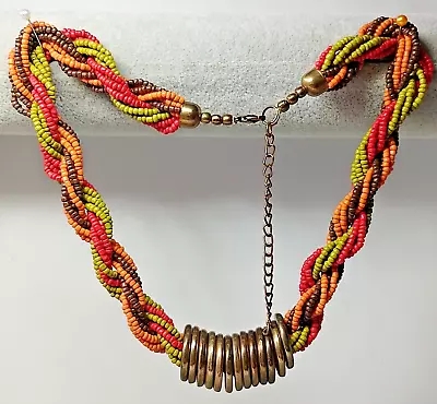  DD20 --red Orange Green Brown Glass Beads Multi-row Twist Beads Necklace • £6