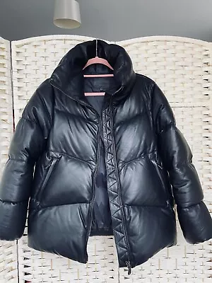 Massimo Dutti Women’s Puffer Real Leather Feather Down Black Jacket Size S • £89