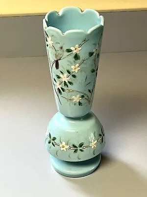 Antique Victorian BRISTOL GLASS BLUE HAND PAINTED ENAMEL FLOWERS & BIRD VASE • $39.50