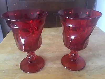 Vintage Fostoria Jamestown Ruby Red Goblets  6”  8 Oz  Swirl Pattern   Set Of 2 • $22.95