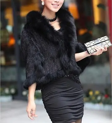 Natural Knitted Mink Fur Shawl Coat With Fur Collar Women's Knit Jacket Cape • $100.15