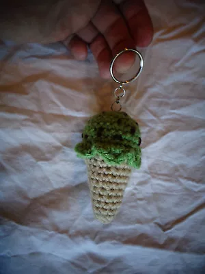 Hand Made Crochet Mint Chocolate Chip Ice Cream Cone Key Chain Backpack Clip  • £14.24