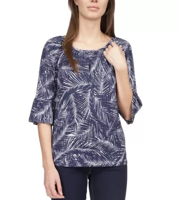 Michael Kors Womens Blue Tropical Palm Leaf Flared Sleeve Top Blouse X/s • $21.99