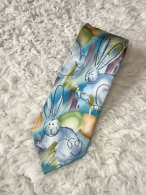 J Garcia Tie Pastel Blue Green Purple Easter Bunny Egg Printed Silk Coll 56 • $14.99